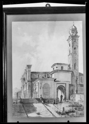 Acquarello con veduta laterale della cattedrale di S. Lorenzo a Lugano della prima metà del XIX secolo